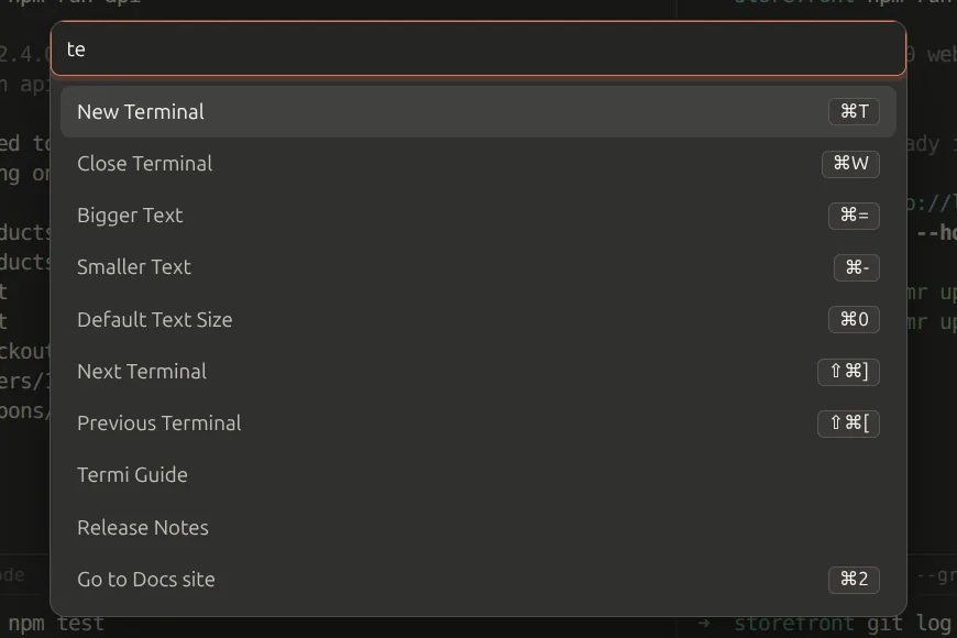 The command palette with te typed in the search box, listing New Terminal, Close Terminal, the text size actions, Termi Guide, Release Notes and Go to Docs site, most with its shortcut.