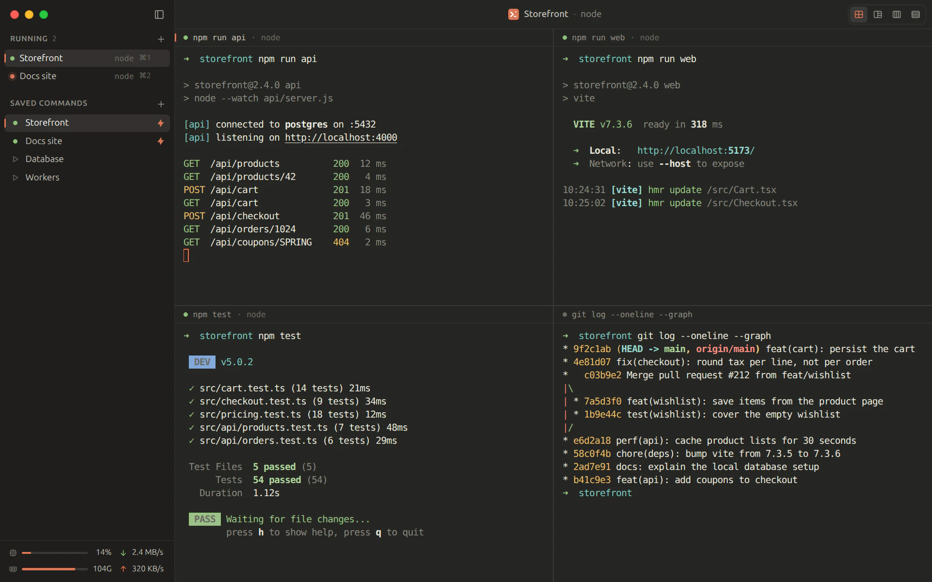 Termi on macOS. The sidebar lists two running terminals and four saved commands, and the Storefront saved command fills the window with four terminals in a grid: an API server, a web server, the tests in watch mode and the git log.